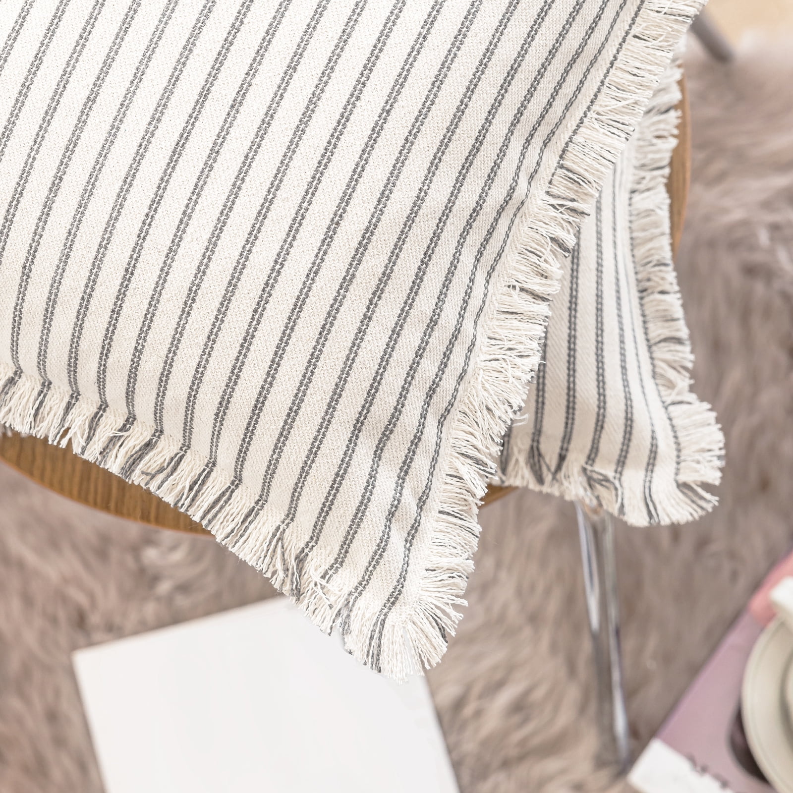 Skodaer 2 Pack Boho Decorative Throw Pillow Covers with Fring Tassel Chic Striped Pillow Case,18"x18",Grey