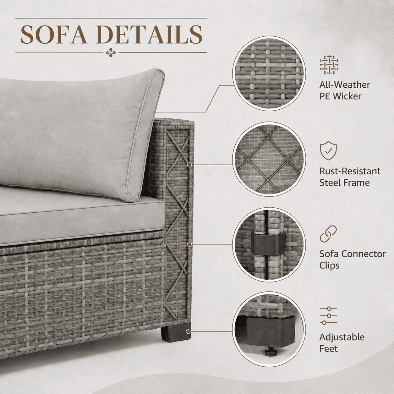 Seizeen Outdoor Furniture, 7PCS Patio Furniture Set Sectional Sofa with Cushions, Front Porch Balcony Furniture Conversation Couch Set with Table