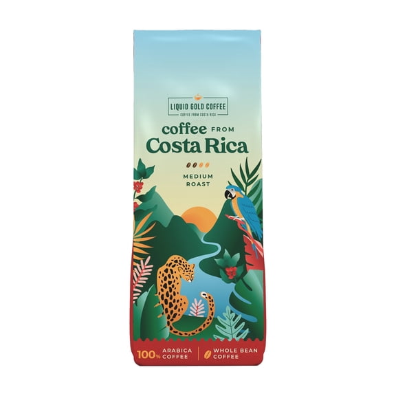 Coffee from Costa Rica , Medium Roast Whole Beans, 12 Ounce (340 Grams), by Liquid Gold, 100% Arabica Beans, Fair Trade, Known Source Coffee
