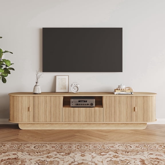 NVCODSA 86.6'' Fluted TV Stand for TVs up to 85", Modern Entertainment Center with Storage Cabinet & Sliding Doors for Living Room, Natural