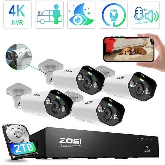 4K PoE Security Camera System with AI Detection, ZOSI 5MP Outdoor Spotlight Security Camera with Two-Way Audio, 8CH 8MP NVR with 2TB HDD for 24/7 Recording, Color Night Vision, Home Business Security