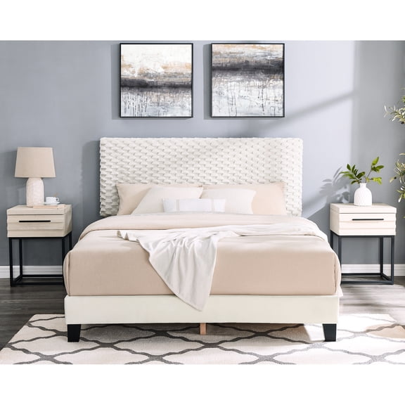 3 Queen Bedroom Collection: 3d Upholstered Bed & Nightstand Duo With Attractive