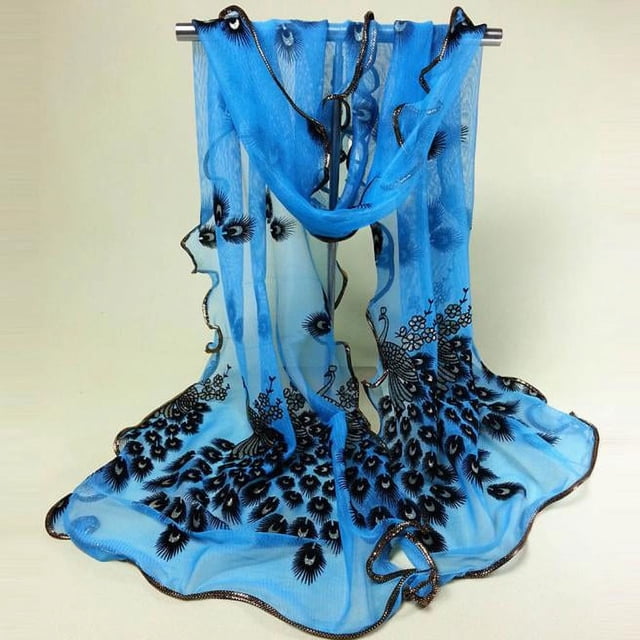 Women Peacock Flower Embroidered Lace Scarf Long Soft Wrap Shawl A
