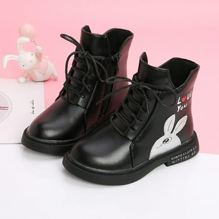 

Girls Leather Ankle Boots Cute Rabbit Design Side Zipper Lace Up Soft Sole Anti Slip High Top Shoes