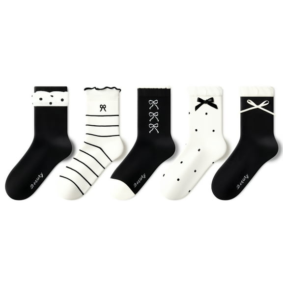 Beibi 5 Pairs girls' Mid-Calf Socks, Bow Polka Dots Cotton Ankle Socks, Suitable for Ages 4 and Up