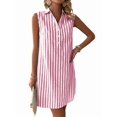 thumbnail image 3 of Womens Summer Dresses V Neck Sleeveless Striped Button Up Mini Casual Coverup Dress Wine Red L, 3 of 8