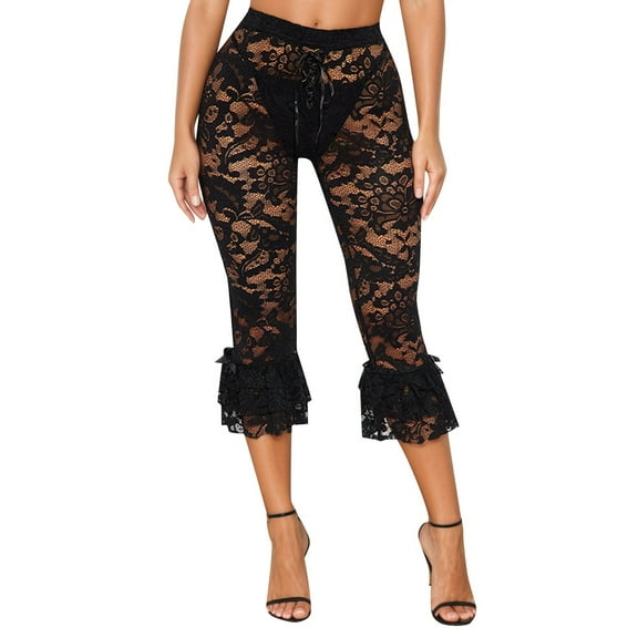 Women Solid Color Fashion Sexy Lace Hollow Hot Girl Women's Clothing See Through Cropped Pants