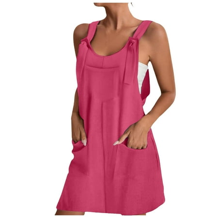 QYZEU Women s Summer Dresses U Neck Dress Women Short Dress Loose Jumpsuit Adjustable Solid Color Sleeveless Dress with Pockets Midi Dresses for Women Hot Pink XL