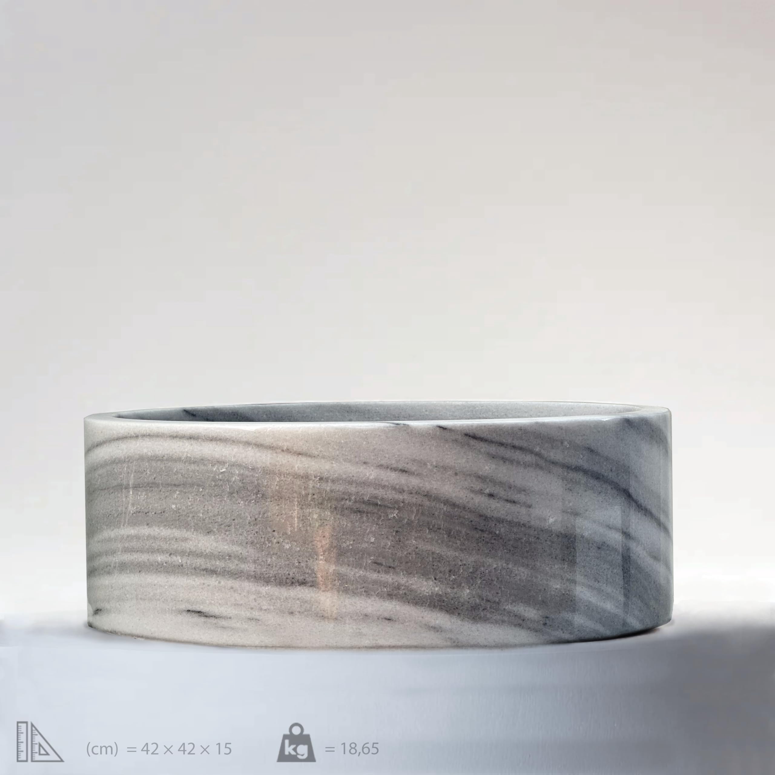 Gray Marmara Marble Cylindrical Vessel Sink – 16.53 x 16.53 Inch Hand-Carved Round Marble Bathroom Sink, Polished Stone Vanity Basin for Modern and Luxury Bathrooms