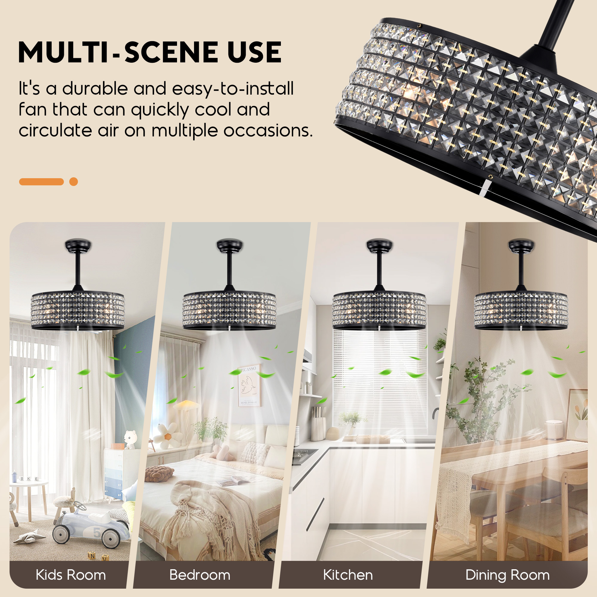 Aukfa Ceiling Fan with Light and Remote, 20" Low Profile Ceiling Fan for Living Room,Bedroom,Crystal