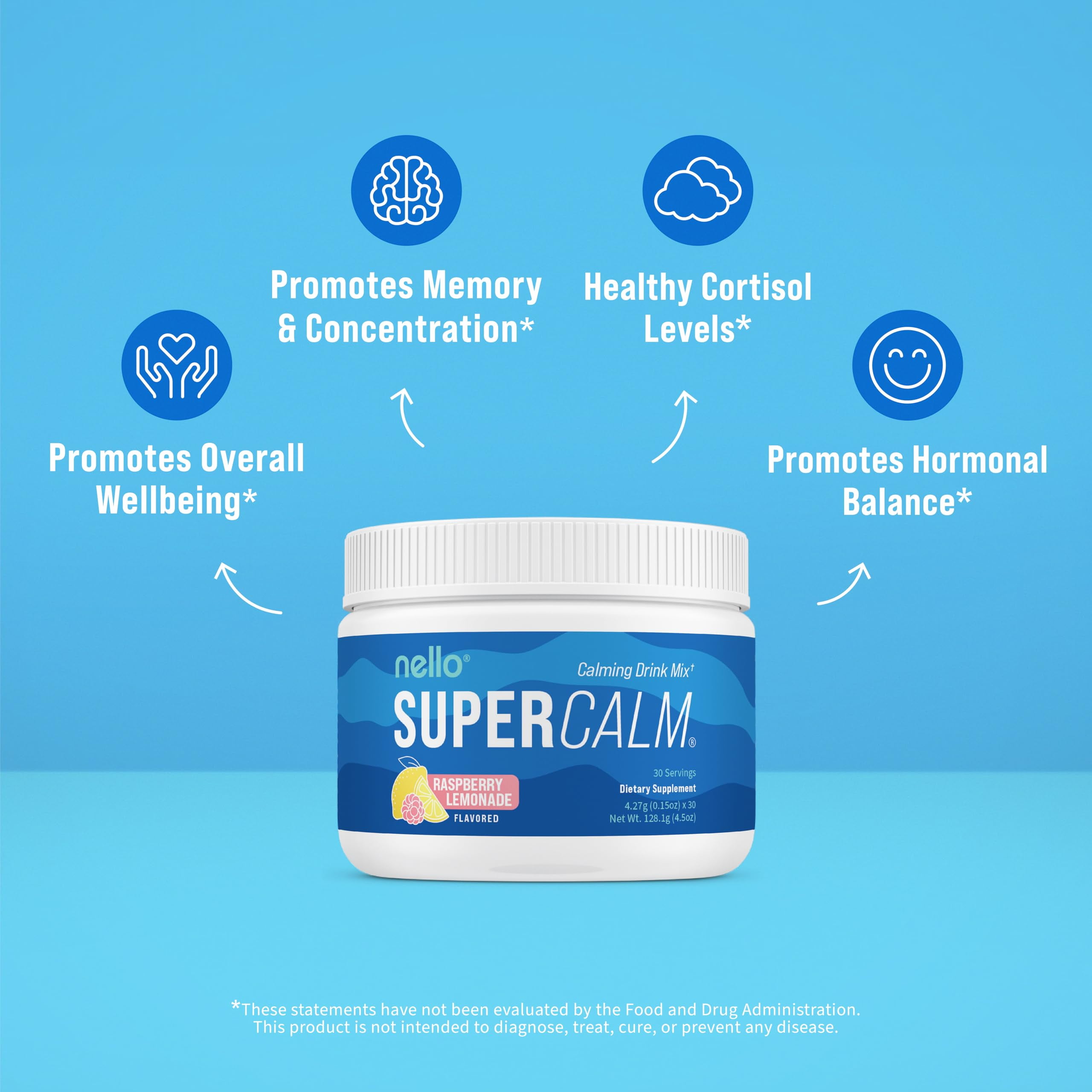 Nello Supercalm Drink Mix - Ashwagandha KSM 66, Magnesium Glycinate, L-Theanine, Vitamin D3 - Ashwagandha Root Extract, Magnesium L-Theanine Supplement - Focus Support (30 Servings)