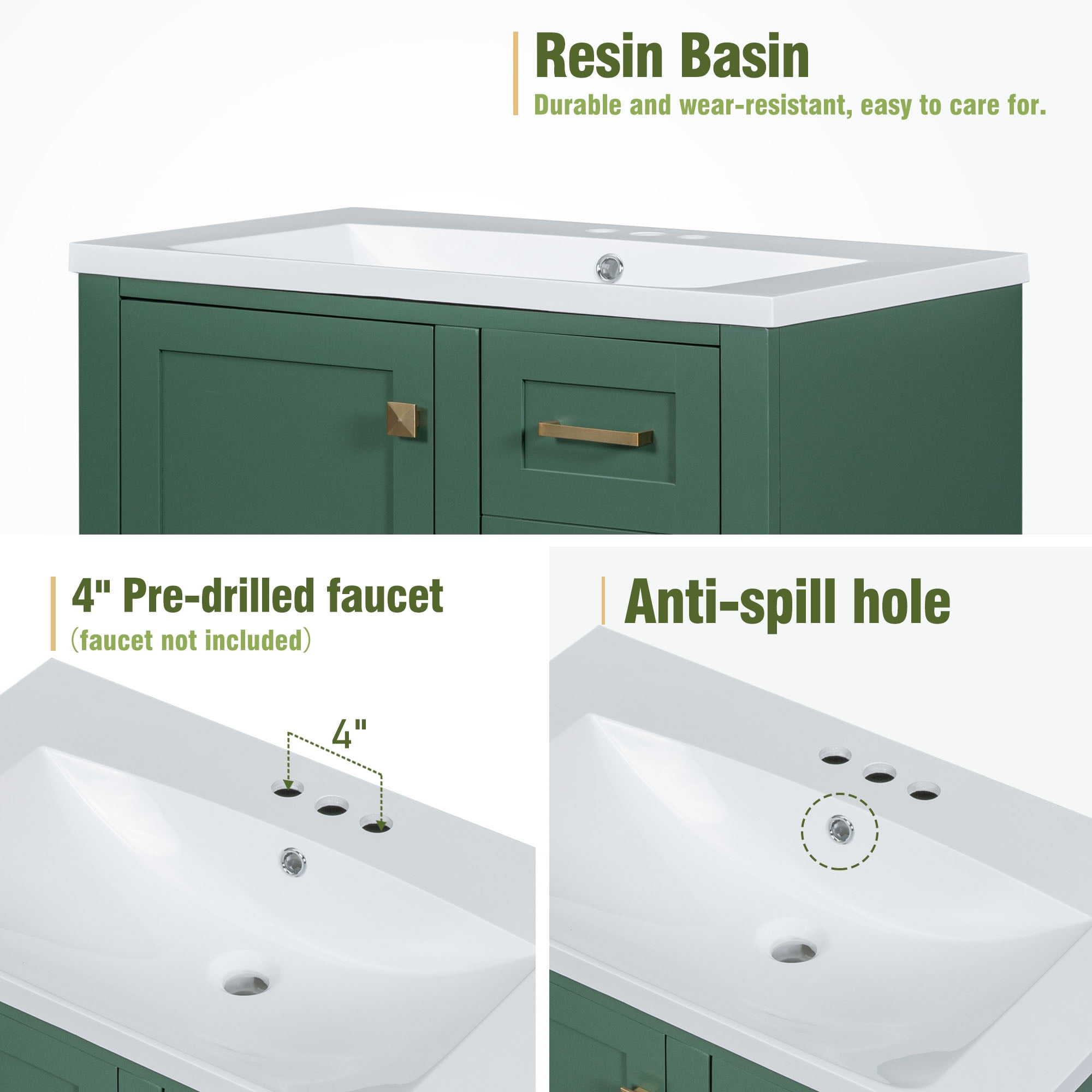 Royard Oaktree 30" Bathroom Vanity w/Resin Sink, Modern Bathroom Cabinet w/Soft Closing Door & 3 Drawers