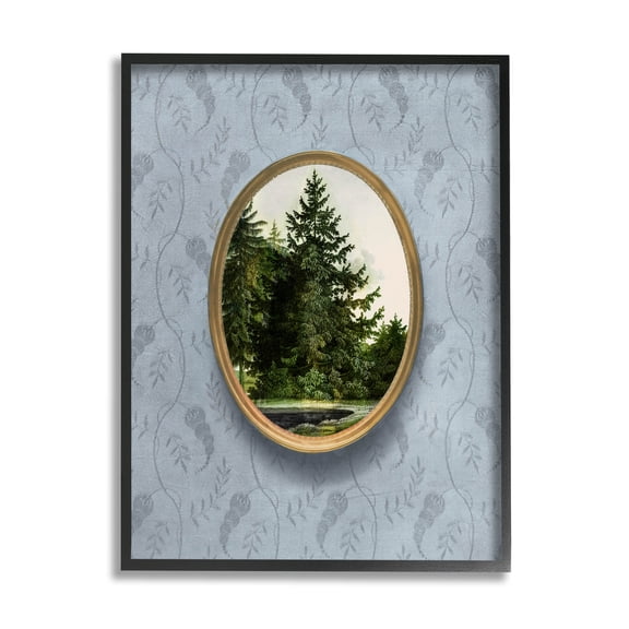 Vintage Woodland Tree View Border Landscape Graphic Art Black Framed Art Print Wall Art