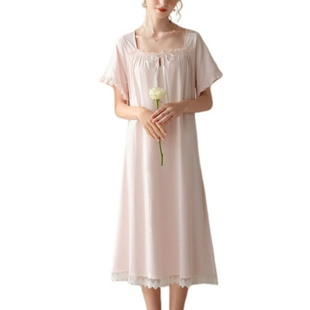 Previn Women s Cotton Victorian Nightgown Short Sleeve Cute Lace Soft Summer Vintage Princess Frilly Old Fashioned Long Sleep Dress Ruffle Pajama Dress Light Pink Small