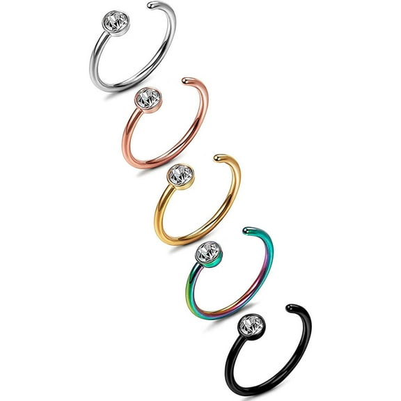 Surgical Steel Nose Ring Hoop 20 18 Gauge With CZ Gem - 5 Pack