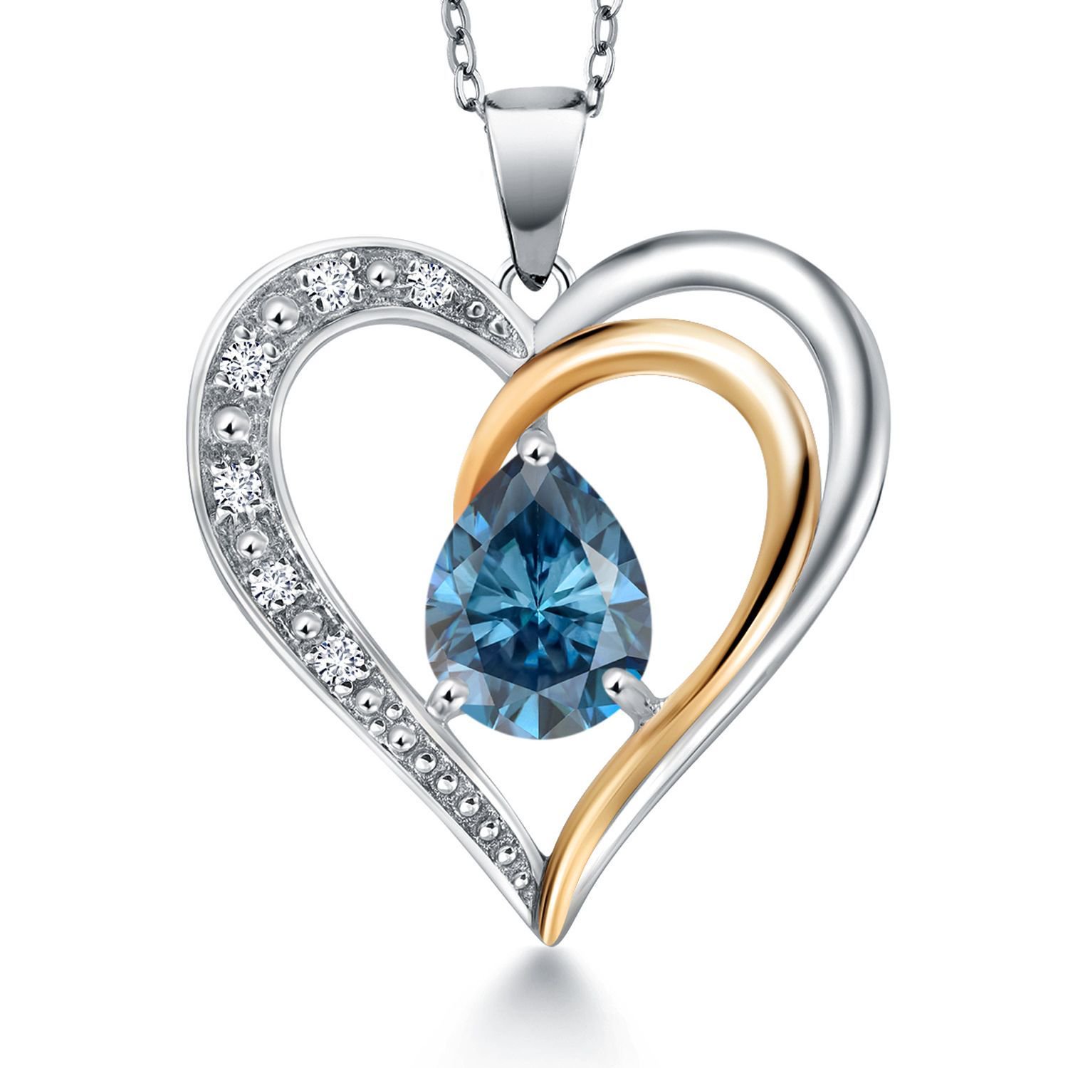 925 Sterling Silver and 10K Yellow Gold Persian Blue Moissanite and Lab Grown Diamond Keren Hanan Heart Shape Pendant Necklace for Women (1.16 Cttw, Pear Shaped 8X6MM, with 18 inch Chain)