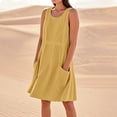 thumbnail image 4 of Vestido sin mangas estampado de lino para mujer: largo hasta la rodilla, estampado floral, bolsillos, ropa de verano para la playa., 4 of 7
