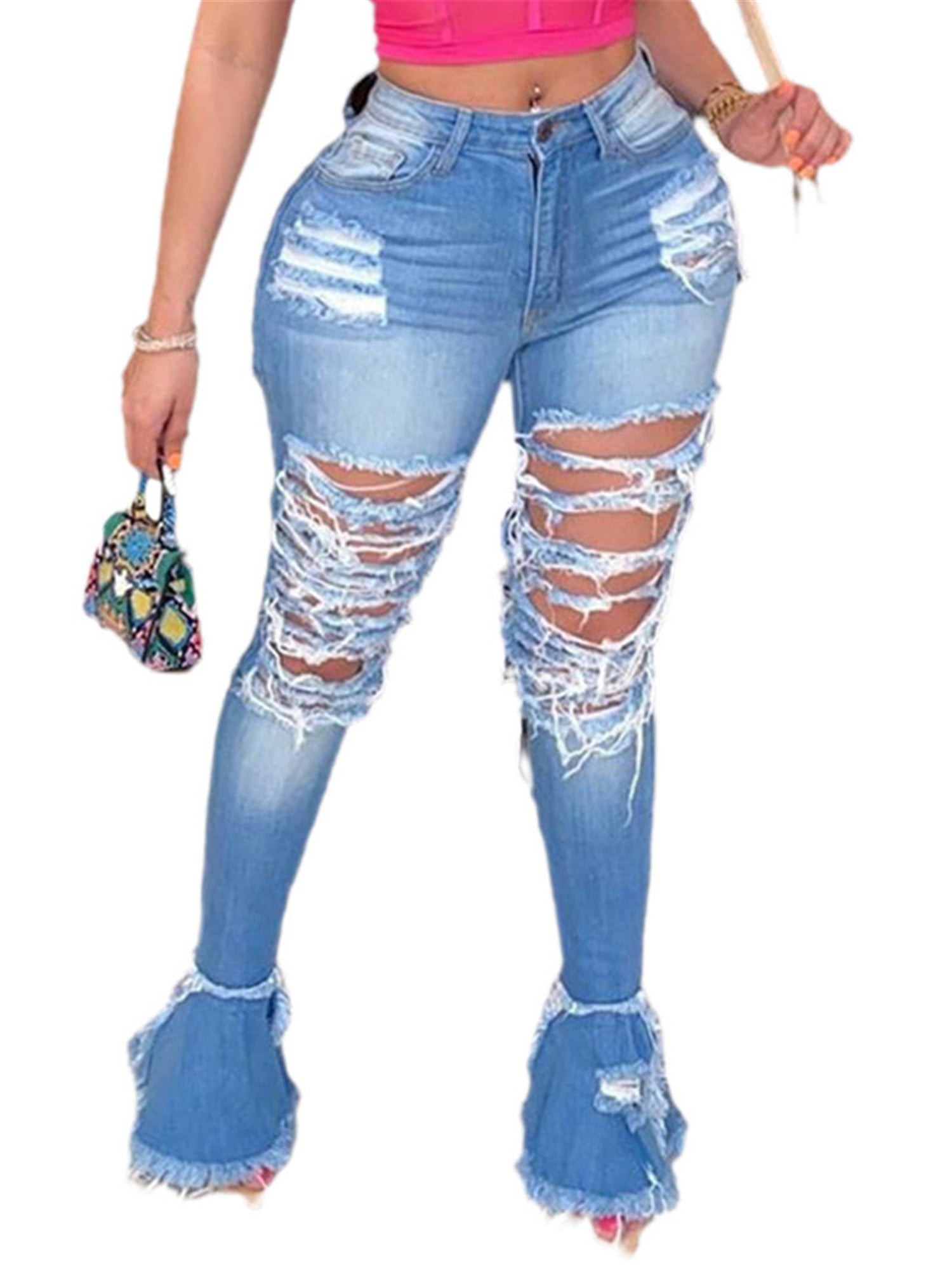 WUAI-Women High Waist Boyfriend Jeans Butt Lift Stretch Skinny Jeans Denim Joggers Elastic Waist Regular-Plus Size