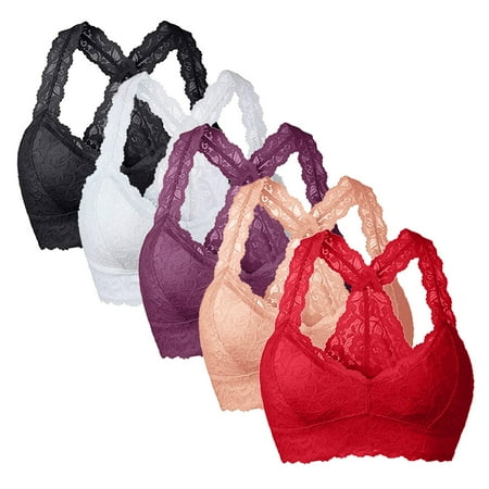 KELINFONG 5 Pack Women s Unpadded Lace Bralette Unlined Wireless Bra Sexy Racerback Lace Bra