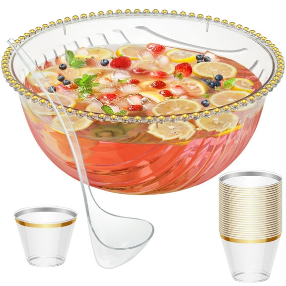 NiHome Large Plastic Punch Bowl with Ladle, Tongs and 25 Gold-Rimmed Cups for Wedding, Birthday, BBQ, Baby Shower, Holiday, 1.7 Gallon Reusable Clear Party Bowl Set for Drinks, Salads, Snacks & More