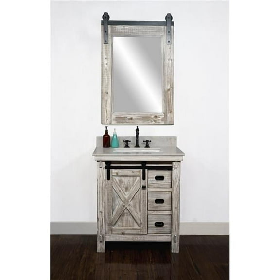 InFurniture WK8530-W-AP TOP 30 in. Rustic Solid Fir Barn Door Style Single Sink Vanity in White Wash with Arctic Pearl Quartz Marble Top - No Faucet - 31 x 34.6 x 22 in.