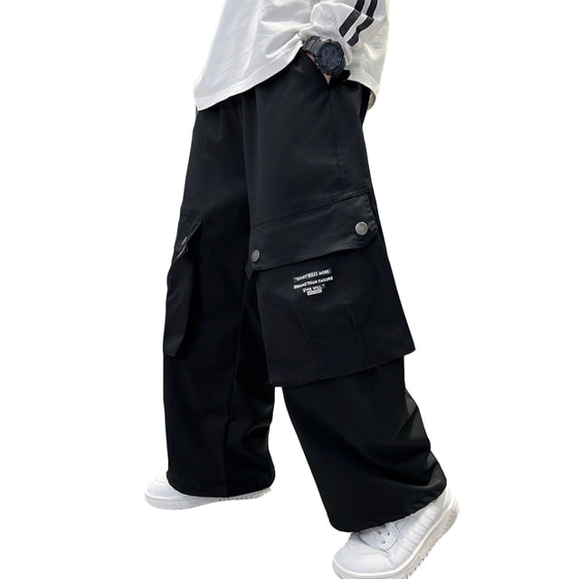 Boys' High Waist Drawstring Cargo Pants - Loose Fit with Multi-Pockets, Elastic Ankle Cuffs for 4-13 Years