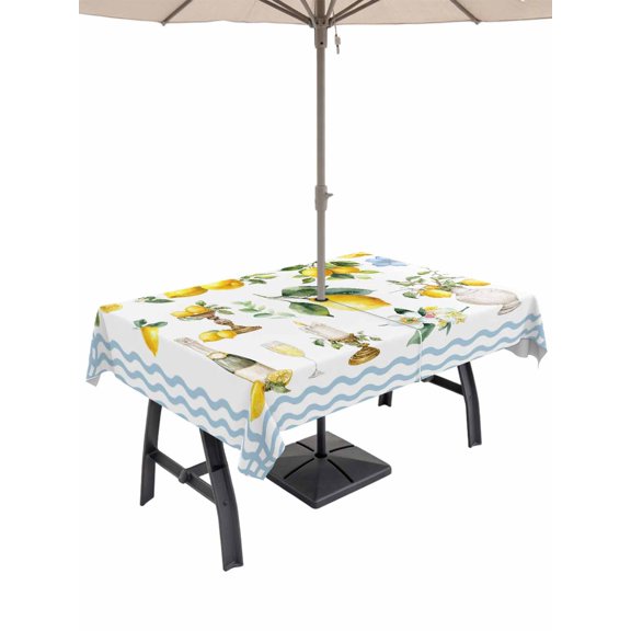 Outdoor Tablecloth with Umbrella Hole for Patio/Picnic/Party/Camping, Boho Lemons Waterproof Table Cloth Rectangle Table Cover Washable, Summer Yellow Fruits Flowers Leaf Blue Stripe (60"x 84")