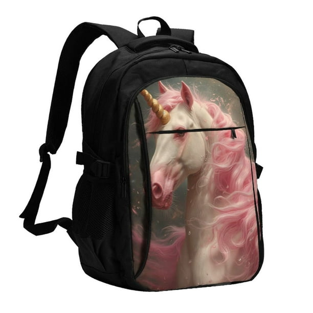 Fotbe Haired White Horse Mochila con Estampado y Puerto USB para Hombre y Mujer, Mochila Antirrobo, Mochila de Viaje, Mochila Escolar, Mochila Universitaria