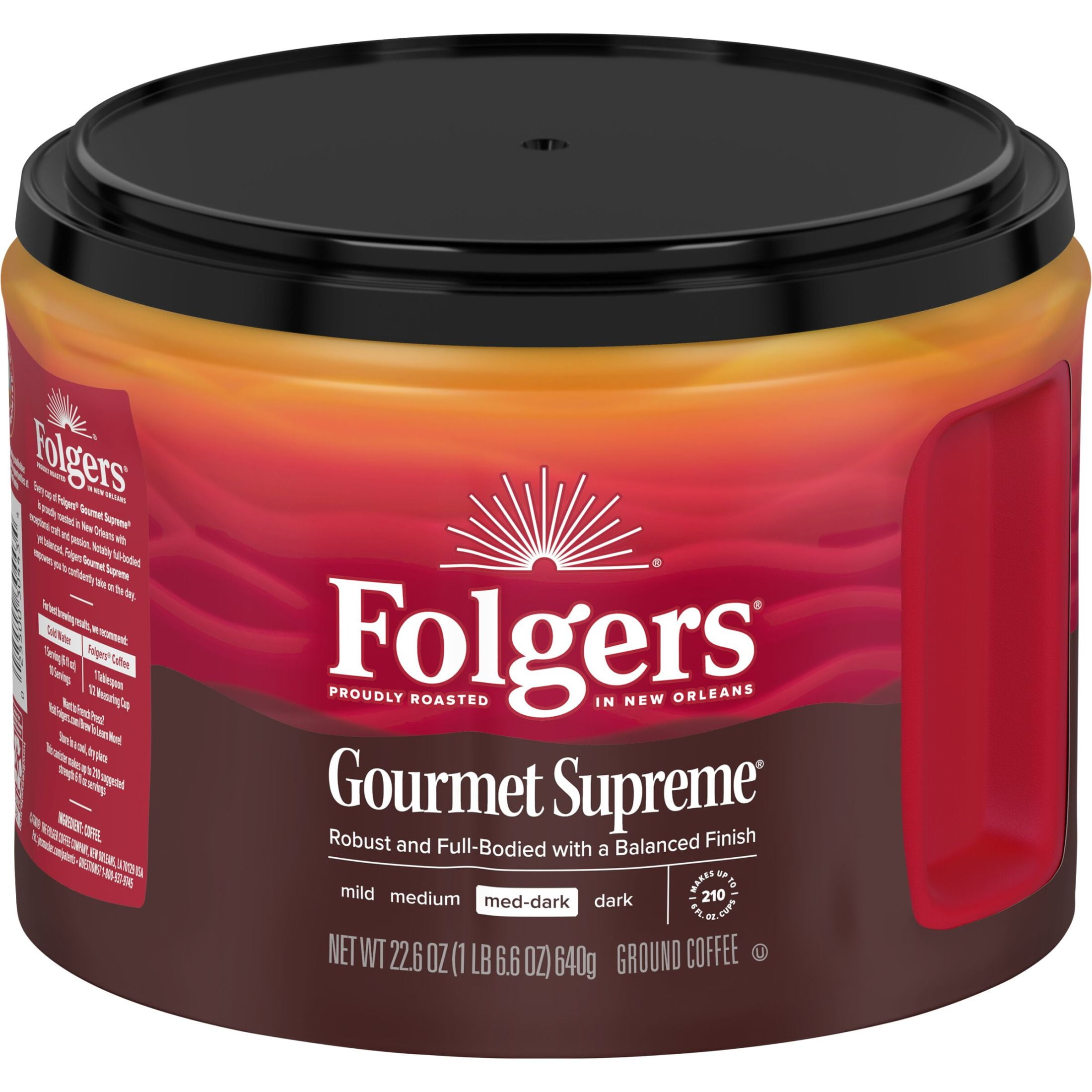 (6 pack) Folgers Gourmet Supreme Ground Coffee, Medium Dark Roast, 22.6 oz Canister