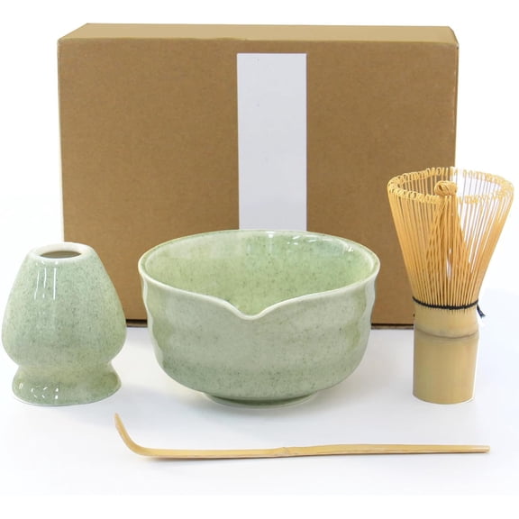 Matcha Whisk Set, Japanese Tea Set includes Matcha Bowl with Spout, Matcha Whisk and Holder, Bamboo Scoop - 4 Pcs Ceremonial Grade Matcha kit for Tea Lovers (Jade Green)