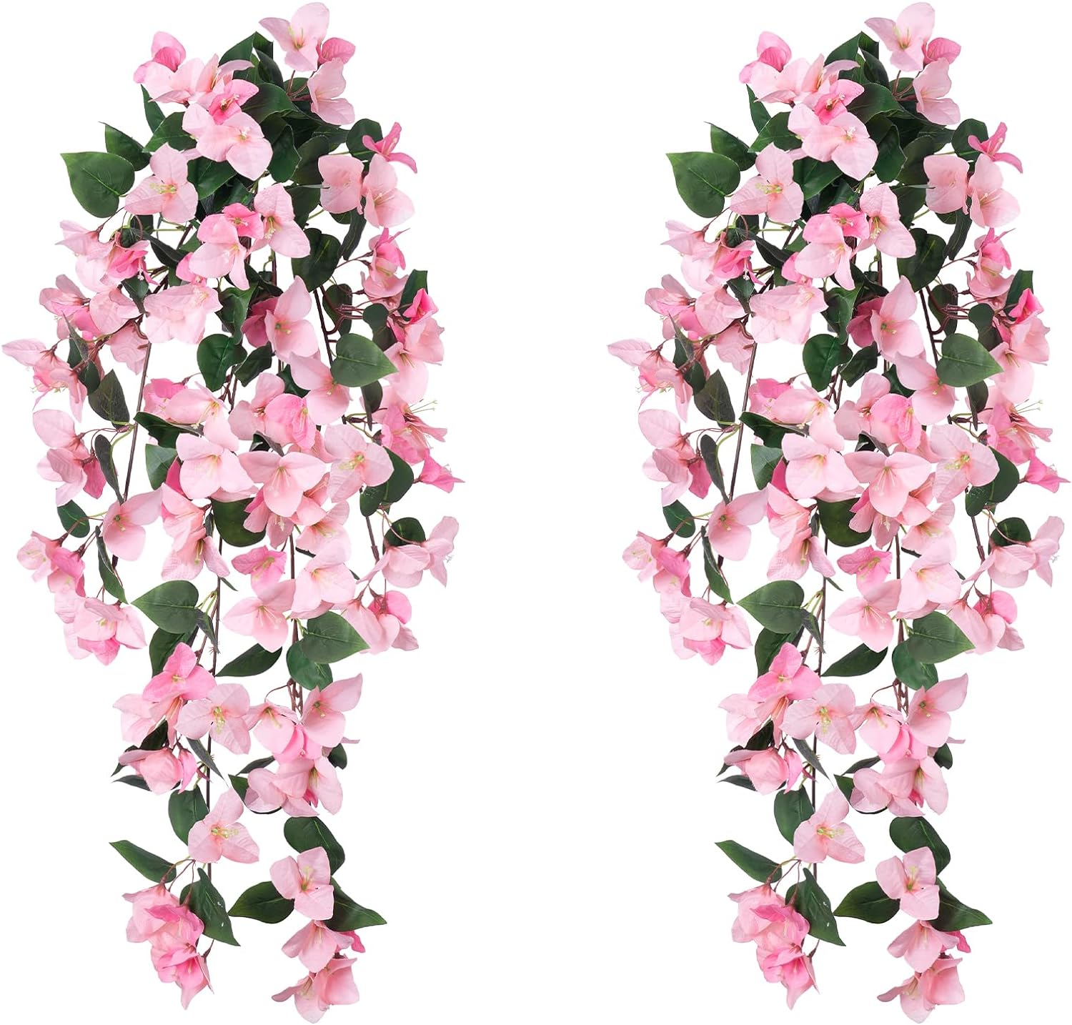 Artificial Fake Hanging Plants Flowers for Outdoor, 2pcs Faux Silk Pink Bougainvillea Long Vines Stems Realistic UV Resistant for Home Porch Patio Balcony Garden Yard Outside Party Wedding Decor