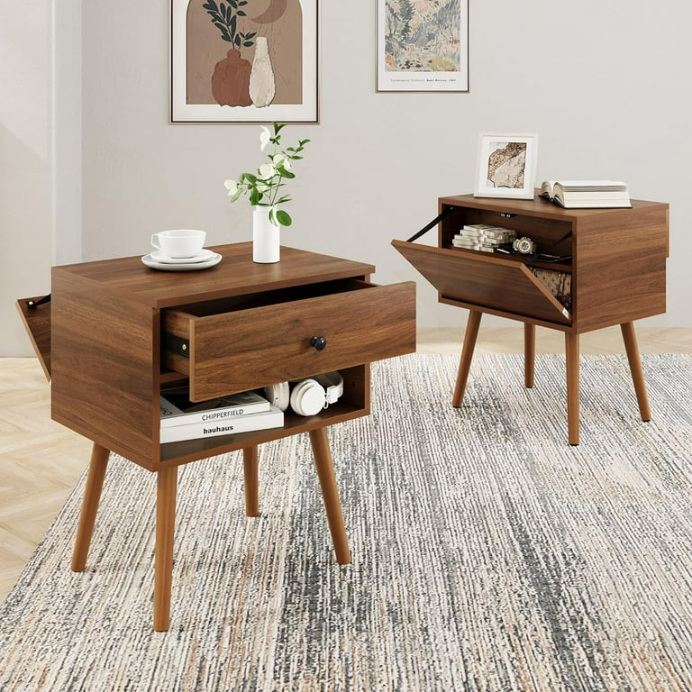 Hidden Compartment Night Stand Set 2 Mid Century Modern Concealment Furniture End Table with Storage Drawer Bedside Table with Wood Legs for Bedroom 2 Walnut Walmart