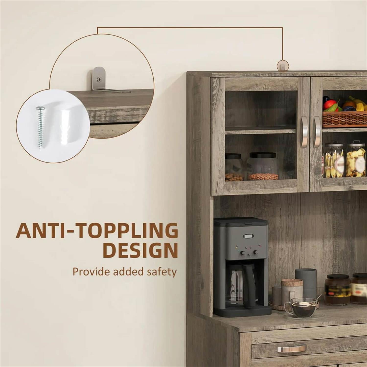 Demi Bonn 67" Buffet Hutch, Modern Kitchen Storage Cabinet, Freestanding Glass Door Pantry, Shelves & Drawers for Home Decor, Gray