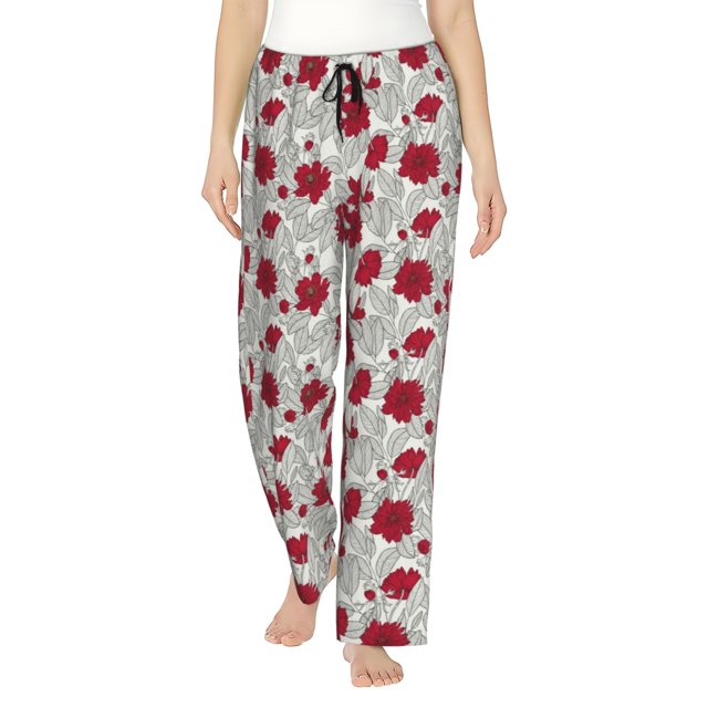 Balery Leaves And Anemone Flowers In Red Grey Pantalones de pijama para mujer, pijamas ultraligeros, pantalones de estar por casa-Large