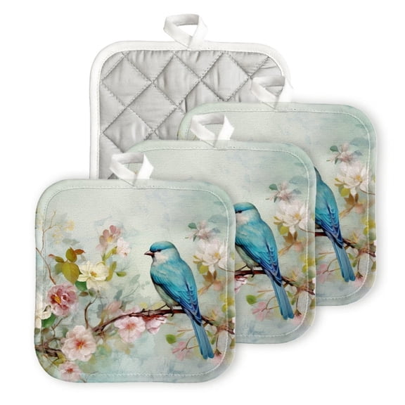 Bahomeck Pot Holder 4Pcs,Blue Bird Perched On The Branch Of Blooming Flowers Square Heat Resistant Hot Pads For Kitchen Cooking Oven With Hanging Loop Potholder Easy To Store