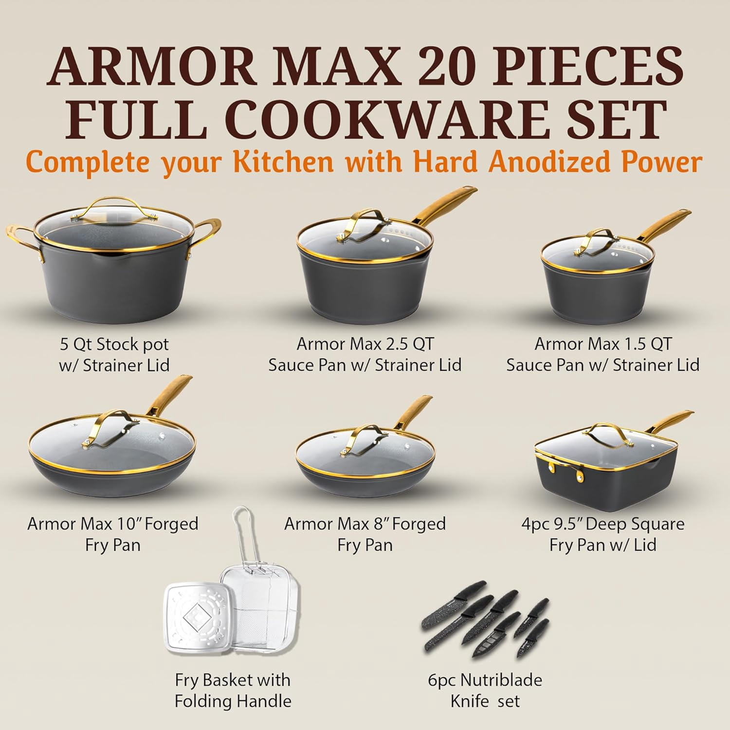 Granitestone Armor Max 20 Pc Hard Anodized Pots and Pans Set Non Stick, Induction Cookware Sets, Anodized Cookware Sets, Nonstick Cookware Set with Knife Set and Deep Fryer, Oven & Dishwasher Safe