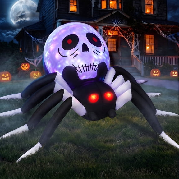 Toodour 8ft Halloween Inflatables Ghost-Faced Spider with Rotating Colorful LED Lights, Light Up Spider with Twinkle Red Eyes, Halloween Blow Up Decorations for Yard, Party, Lawn