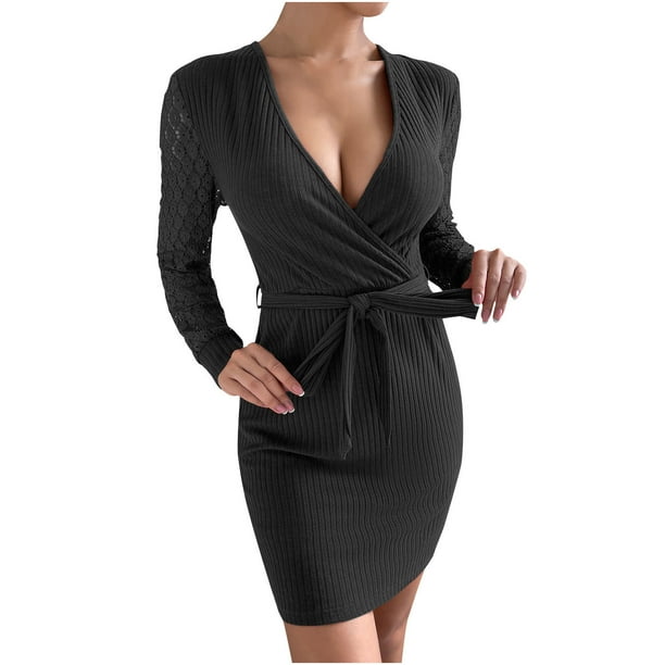 Moda mujer sexy color sólido hombro manga larga cuello en v vestido regular Fridja yut4829