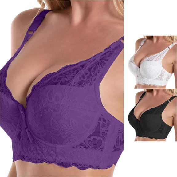 PMVFHDE Womens Lace Gathered Bra Straps Cup Underwear Push Up Unlined Wirefree Bralette Purple - 85D