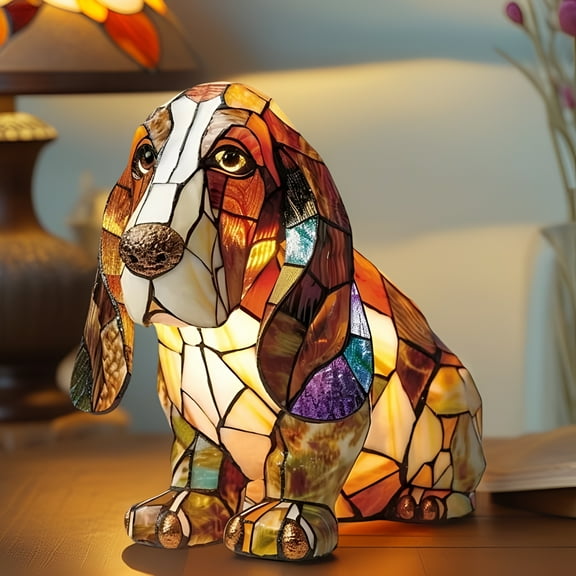 HIBIBUD Retro Colorful Basset Hound Stained Resin Tabletop Night Light,Cute Animal Themed LED Art Desk Lamp with Warm Ambient Glow,Gifts for Pet Lovers,Kids,Home Office
