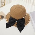 thumbnail image 1 of Sombrero de paja informal para adultos, sombrero para el sol con diamantes de imitación y perlas, protector solar para playa y vacaciones, con lazo, gorra de ocio, 1 of 3