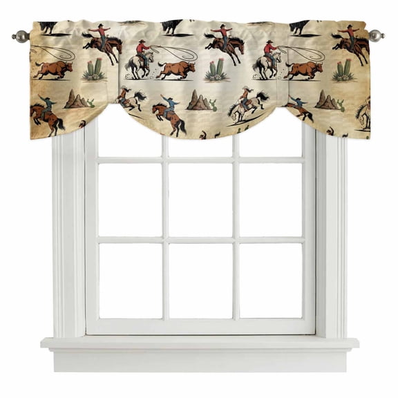 Tie Up Valances for Windows, Western Cowboys Adjustable Valance Curtains Window Treatment for Living Room, Brown Vintage Country Cactus Rod Pocket Kitchen Curtains & Drapes 42x18 Inch