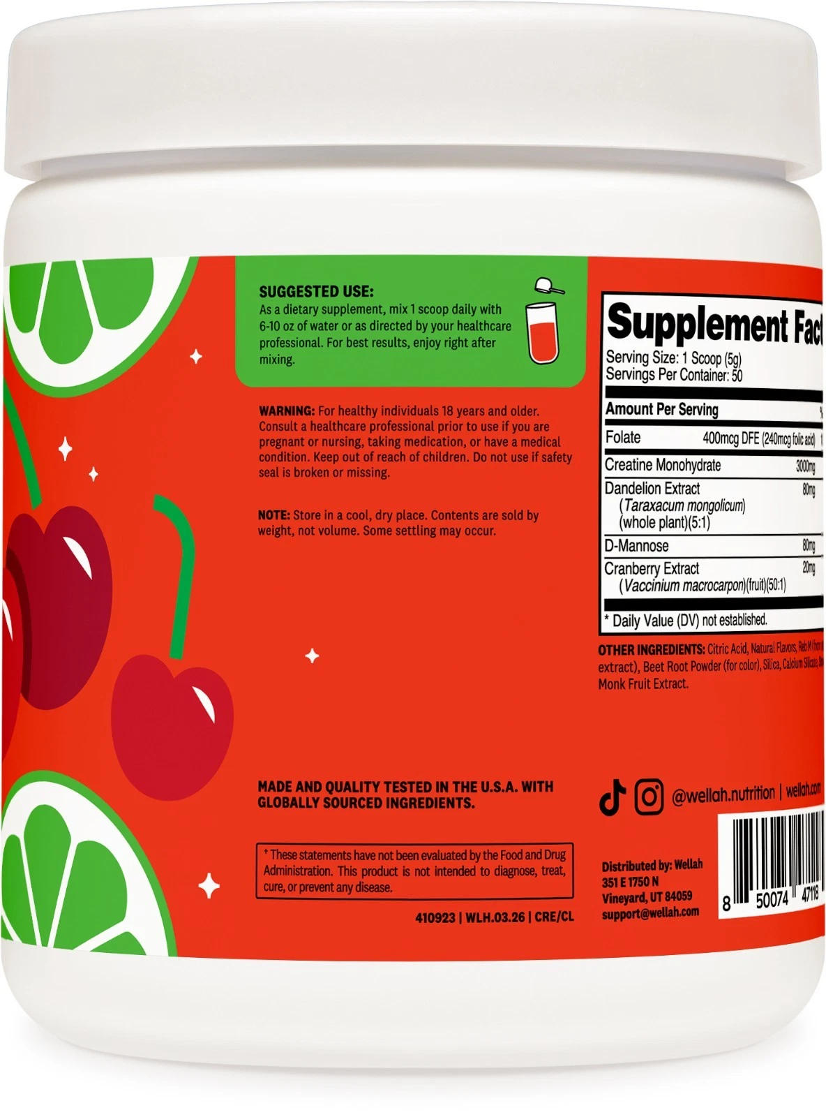 Wellah Creatine for Women (50 Servings) Cherry Limeade - 3g of Creatine Monohydrate Powder with D-Mannose & Cranberry Extract