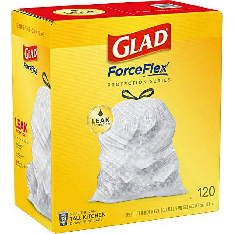 Glad ForceFlex Protection Series Tall Kitchen Drawstring Trash Bags, 13  Gal, Unscented, 120 Ct (Package May Vary) 