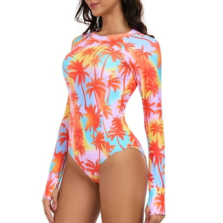 RELLECIGA Women's UPF 50+ UV Sun Protection Zipper Rash Guard Long Sleeve One Piece Swimsuit Blue Color Block Swimwear Tummy Control One Piece Bathing Suit