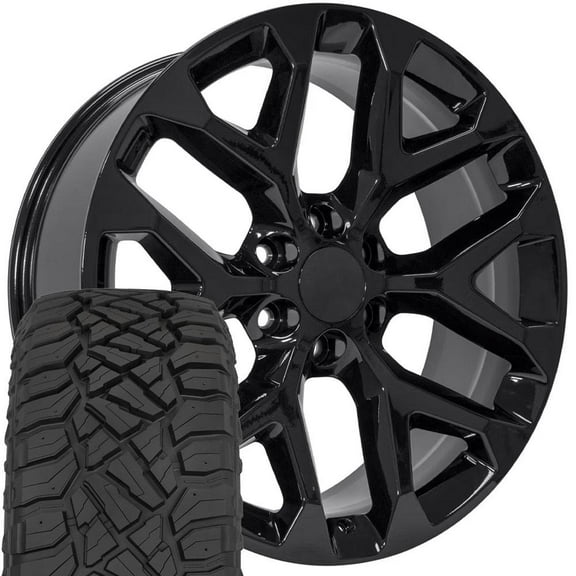 OE Wheels CV98B 22x9 Snowflake Wheels - Gloss Black 22 Inch Rims Set of 4, 6x139.7 Wheels - Optional TPMS & 285/45R22 Tires and Rims Packages - Fits GM Trucks & SUVs (TerraMax RT )