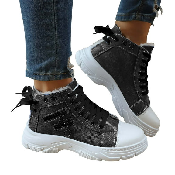 Denim Platform Mid Calf Winter Combat Boots for Women Casual Fleece Lined Fashion Sneakers Snow Ankle Booties Black Size 6