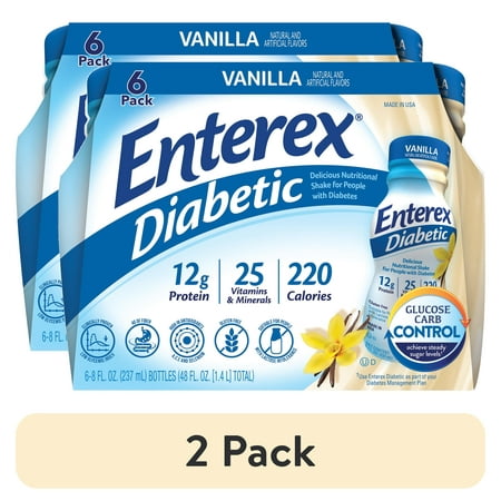 (2 pack) Enterex Diabetic Vanilla Flavor, Nutritional Meal Replacement Shake for People with Diabetes, Can Help Manage Blood Sugar, 8 fl oz, 6 Pack