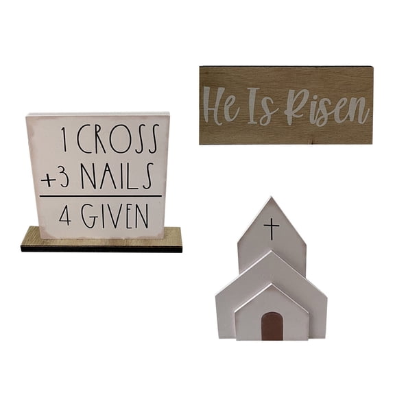 AURIGATE Easter Religious Tabletop Decor Set, Wooden Church & Sign Decor with/without Beaded Cross, Spring Easter Decor for Home, Party, Farmhouse