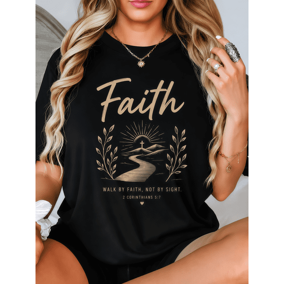 Women's Christian Faith T-Shirt - "Walk By Faith Not By Sight" Bible Verse 2 Corinthians 5:7, Inspirational Cross Mountain Graphic Top for Church